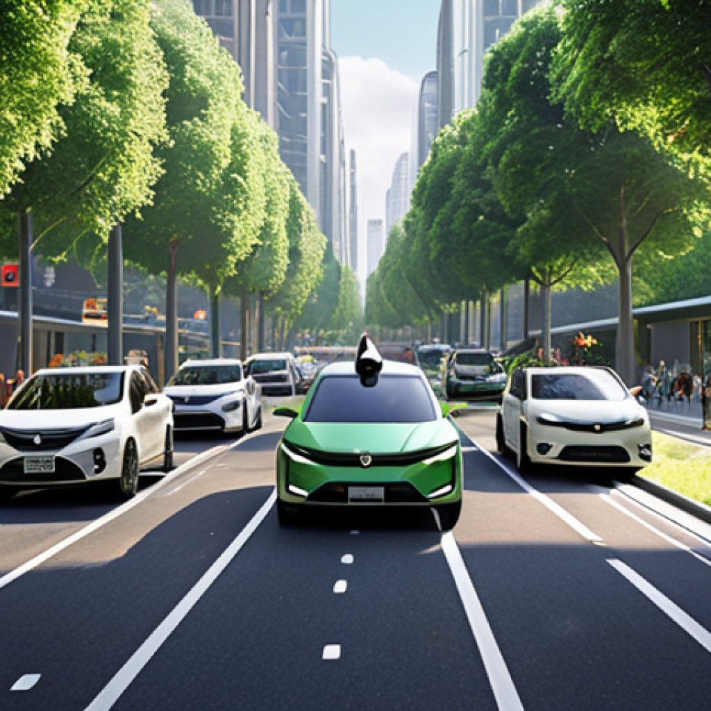 **

Prompt: A futuristic cityscape showcasing autonomous cars seamlessly navigating through streets filled with green spaces and pedestrians. Incorporate elements of shared mobility, like bike lanes and integrated public transport systems. The overall atmosphere should be clean, efficient, and eco-friendly, demonstrating the potential of autonomous vehicles to revolutionize urban planning.

**