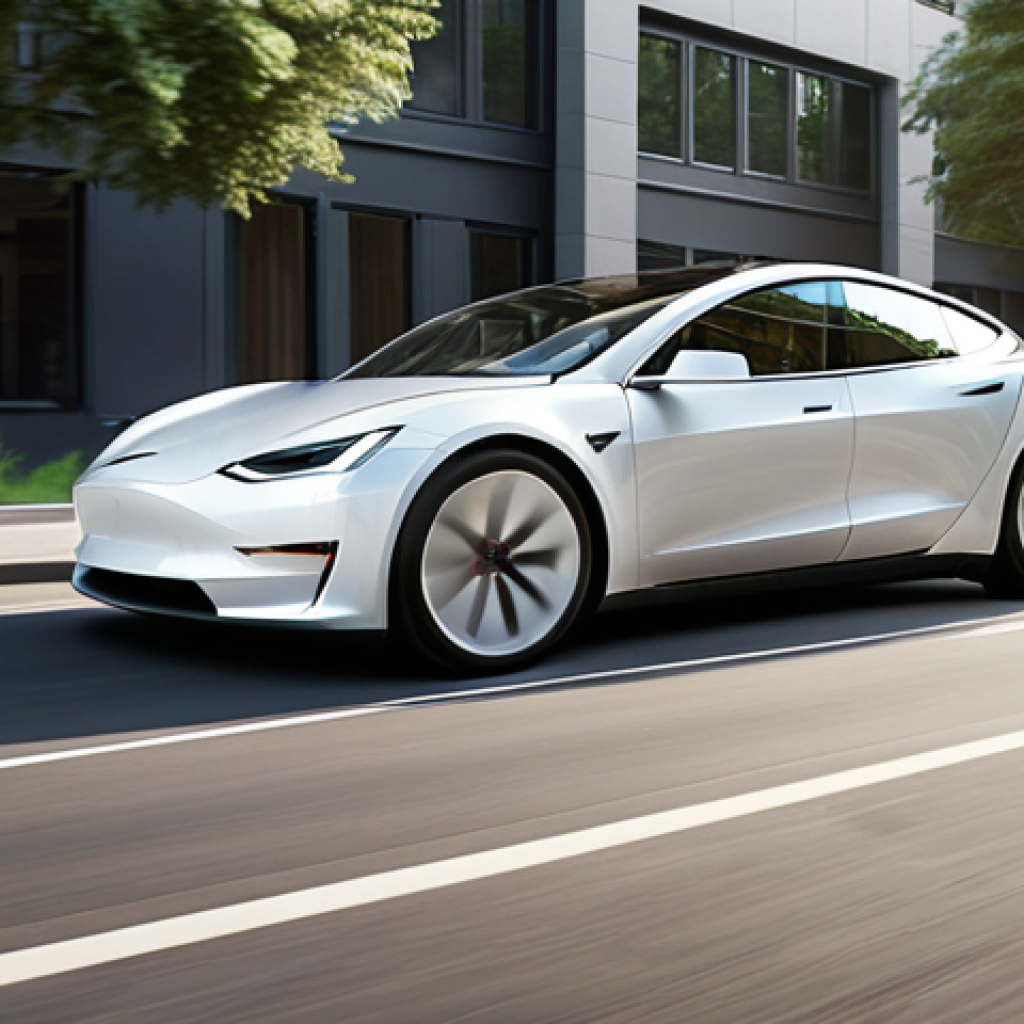 **Electric Car Revolution:** A sleek, modern electric car (Tesla-like) accelerating smoothly on a clean city street. Focus on the car's aerodynamic design and the sense of silent power. The background should hint at a sustainable future with solar panels and green spaces.