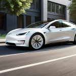**Electric Car Revolution:** A sleek, modern electric car (Tesla-like) accelerating smoothly on a clean city street. Focus on the car's aerodynamic design and the sense of silent power. The background should hint at a sustainable future with solar panels and green spaces.