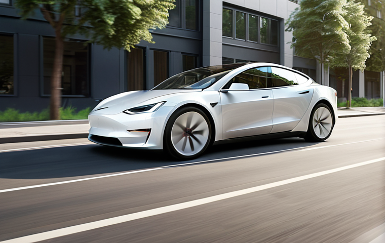 **Electric Car Revolution:** A sleek, modern electric car (Tesla-like) accelerating smoothly on a clean city street. Focus on the car's aerodynamic design and the sense of silent power. The background should hint at a sustainable future with solar panels and green spaces.