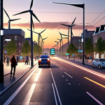 **

"A bustling futuristic city street scene at dusk. Smart streetlights illuminate pedestrians. Autonomous vehicles smoothly navigate traffic monitored by sensors. A digital display shows real-time traffic data. Clean energy windmills and solar panels are visible in the background. Emphasize connectivity, data collection, and automation. A sense of sustainable urban living."

**