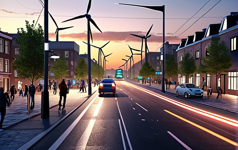 **

"A bustling futuristic city street scene at dusk. Smart streetlights illuminate pedestrians. Autonomous vehicles smoothly navigate traffic monitored by sensors. A digital display shows real-time traffic data. Clean energy windmills and solar panels are visible in the background. Emphasize connectivity, data collection, and automation. A sense of sustainable urban living."

**