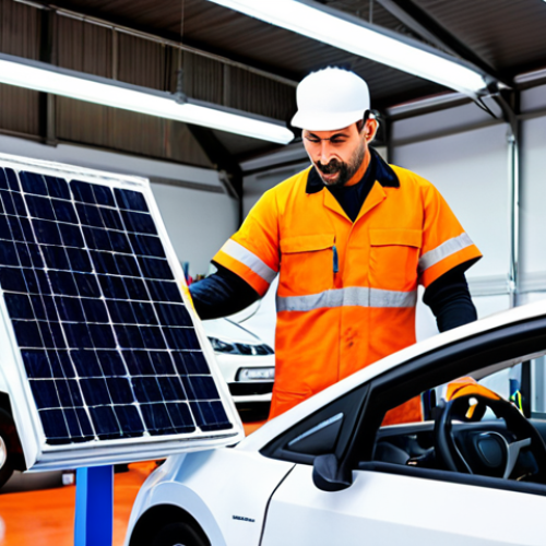 **Prompt:** A bright, modern automotive repair shop in Lisbon, Portugal, specializing in electric vehicle maintenance. A mechanic wearing a clean uniform uses a diagnostic computer on a sleek electric car. Solar panels are visible on the roof. The overall atmosphere is clean, efficient, and technologically advanced.