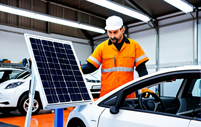 **Prompt:** A bright, modern automotive repair shop in Lisbon, Portugal, specializing in electric vehicle maintenance. A mechanic wearing a clean uniform uses a diagnostic computer on a sleek electric car. Solar panels are visible on the roof. The overall atmosphere is clean, efficient, and technologically advanced.
