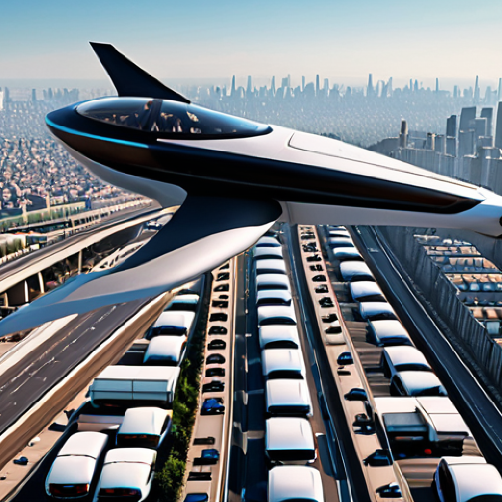 "A sleek, futuristic eVTOL (electric Vertical Take-off and Landing) aircraft soars effortlessly above a sprawling, heavily congested metropolis, with highways packed with cars below. The urban landscape stretches to the horizon under a clear sky, symbolizing an escape from gridlock. The eVTOL is modern and quiet, a beacon of advanced urban mobility."