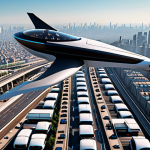 "A sleek, futuristic eVTOL (electric Vertical Take-off and Landing) aircraft soars effortlessly above a sprawling, heavily congested metropolis, with highways packed with cars below. The urban landscape stretches to the horizon under a clear sky, symbolizing an escape from gridlock. The eVTOL is modern and quiet, a beacon of advanced urban mobility."