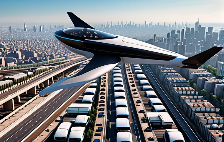 "A sleek, futuristic eVTOL (electric Vertical Take-off and Landing) aircraft soars effortlessly above a sprawling, heavily congested metropolis, with highways packed with cars below. The urban landscape stretches to the horizon under a clear sky, symbolizing an escape from gridlock. The eVTOL is modern and quiet, a beacon of advanced urban mobility."