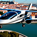 **

"A sleek, modern eVTOL (Joby Aviation style, 5-seater) flying over a bustling, sunny Lisbon cityscape. The vehicle is painted in a professional, neutral color scheme. Below, the Tagus River reflects the sunlight. In the background, iconic landmarks like the Jerónimos Monastery are visible. Focus on clear skies and a sense of advanced technology seamlessly integrated into the urban environment. Safe for work. Appropriate content. Fully clothed passengers visible through the windows. Professional. Perfect anatomy. Natural proportions. High quality."

**