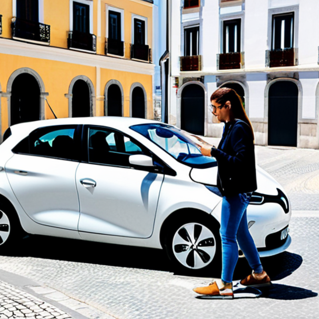 공유 자동차 - Modern Car Sharing in Lisbon**
"A fully clothed, professional young woman unlocks a modern electric...