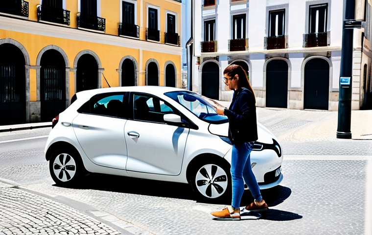 공유 자동차 - Modern Car Sharing in Lisbon**
"A fully clothed, professional young woman unlocks a modern electric...
