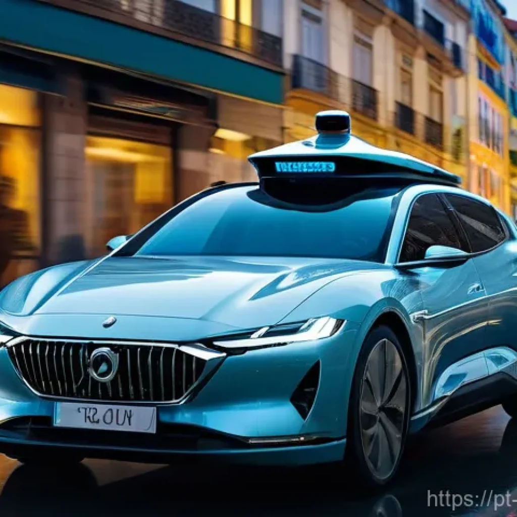 자율주행차 안전성 - **Prompt:** A sleek, futuristic autonomous car navigating a busy urban street in Lisbon, Portugal, d...
