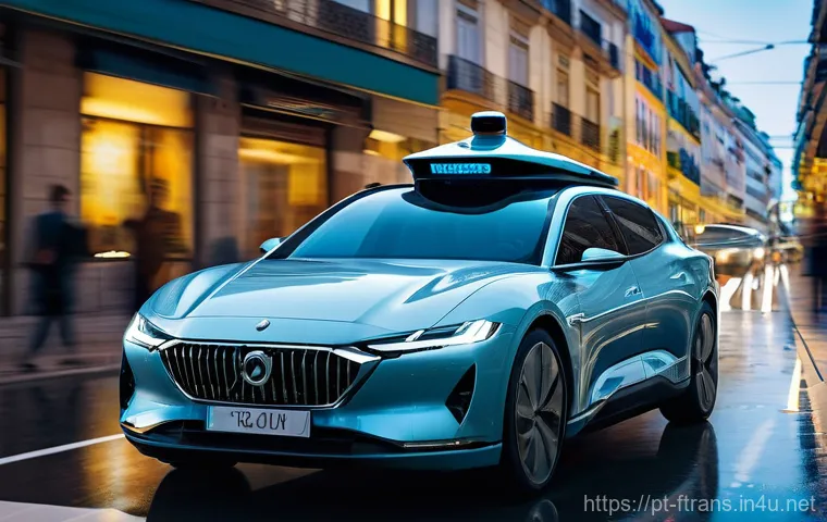 자율주행차 안전성 - **Prompt:** A sleek, futuristic autonomous car navigating a busy urban street in Lisbon, Portugal, d...