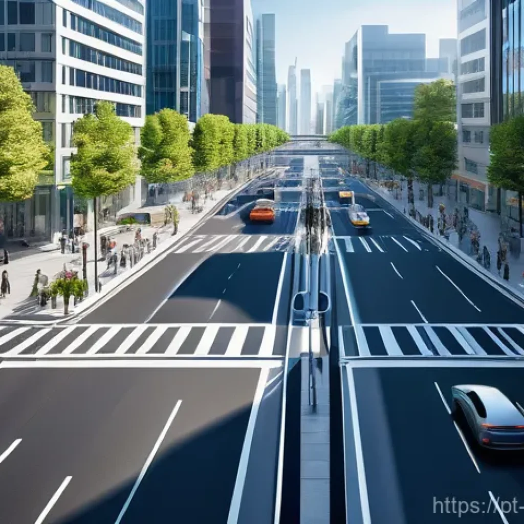 스마트 시티 교통 관리 - **Prompt 1: "A vibrant, high-angle view of a futuristic city intersection during a bright day. The s...