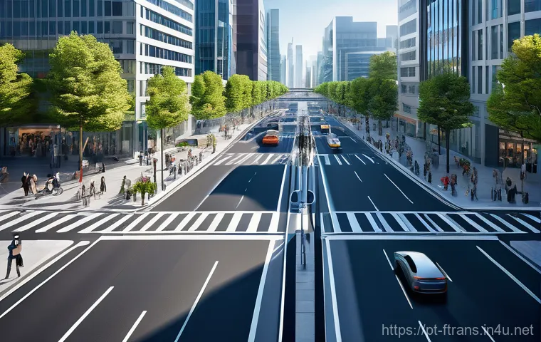 스마트 시티 교통 관리 - **Prompt 1: "A vibrant, high-angle view of a futuristic city intersection during a bright day. The s...