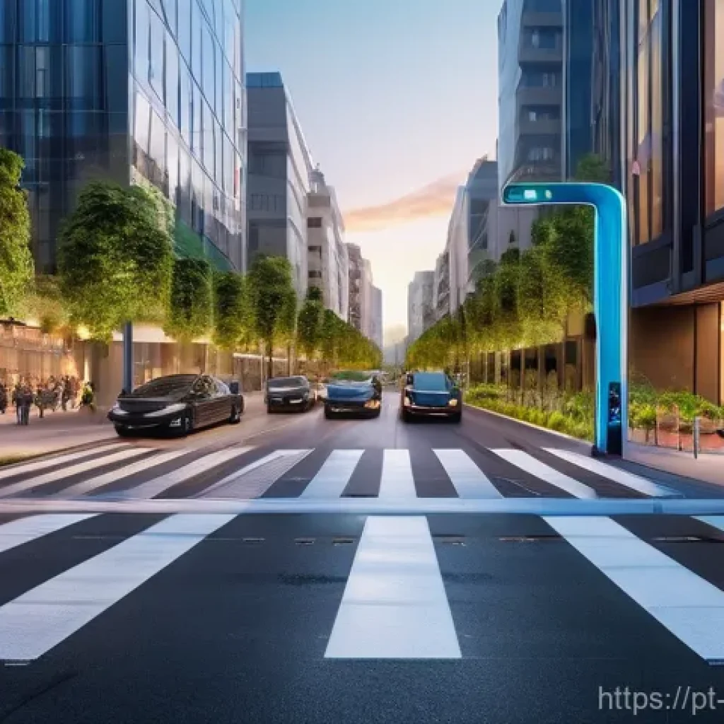 AI 스마트 교통 시스템 - **Prompt:** A vibrant, futuristic city intersection at golden hour. Smart, adaptive traffic lights g...