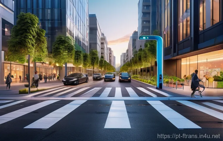 AI 스마트 교통 시스템 - **Prompt:** A vibrant, futuristic city intersection at golden hour. Smart, adaptive traffic lights g...