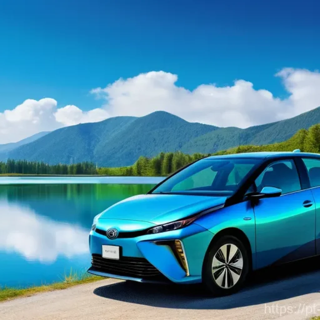 수소차 상용화 - **Prompt:** A serene, futuristic scene featuring a sleek, modern hydrogen fuel cell car (similar to ...