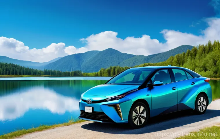 수소차 상용화 - **Prompt:** A serene, futuristic scene featuring a sleek, modern hydrogen fuel cell car (similar to ...