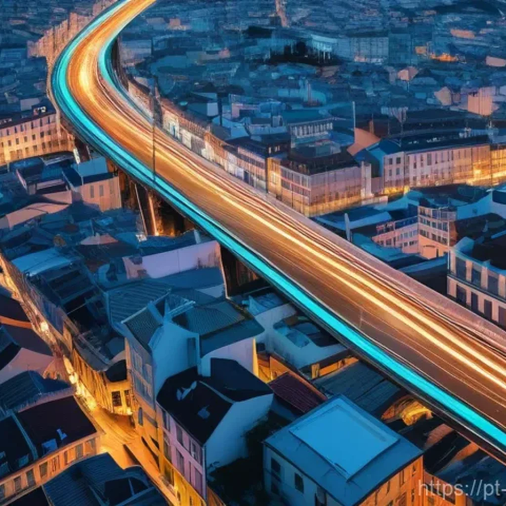 디지털 트윈 스마트 교통 - **Prompt:** A high-angle, futuristic cityscape of a Portuguese city like Lisbon or Porto, showcasing...