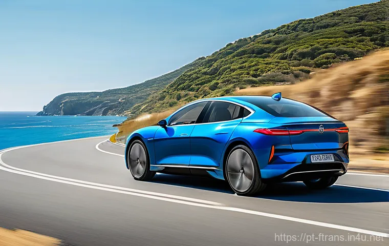 친환경 전기차 - A sleek, modern electric sedan, in a vibrant metallic blue, gracefully glides along a winding coasta...