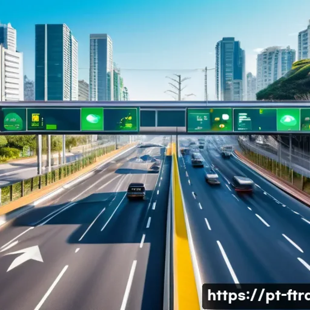 도로 인프라 혁신 - A modern Brazilian urban highway scene during daytime, featuring smart IoT sensors installed along t...