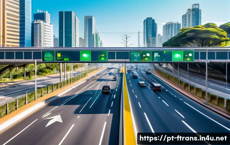 도로 인프라 혁신 - A modern Brazilian urban highway scene during daytime, featuring smart IoT sensors installed along t...