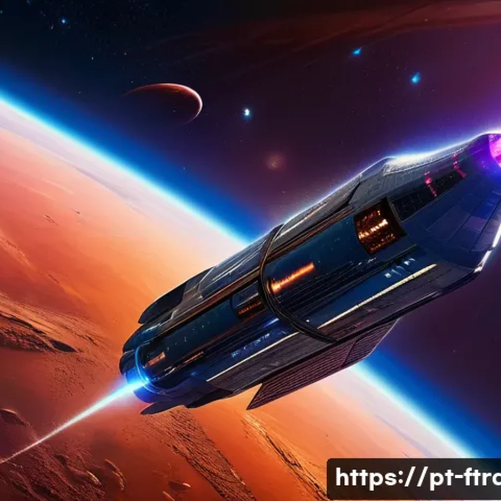 우주 항공사 시장 - A futuristic spacecraft powered by advanced nuclear thermal propulsion, soaring through deep space w...
