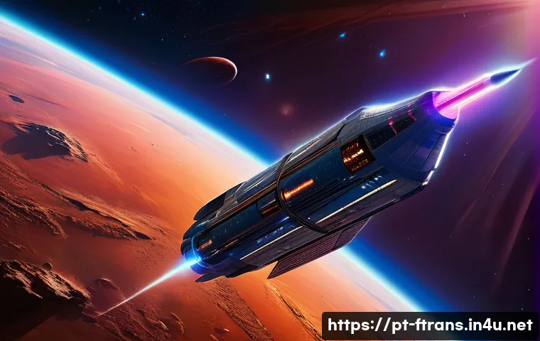 우주 항공사 시장 - A futuristic spacecraft powered by advanced nuclear thermal propulsion, soaring through deep space w...