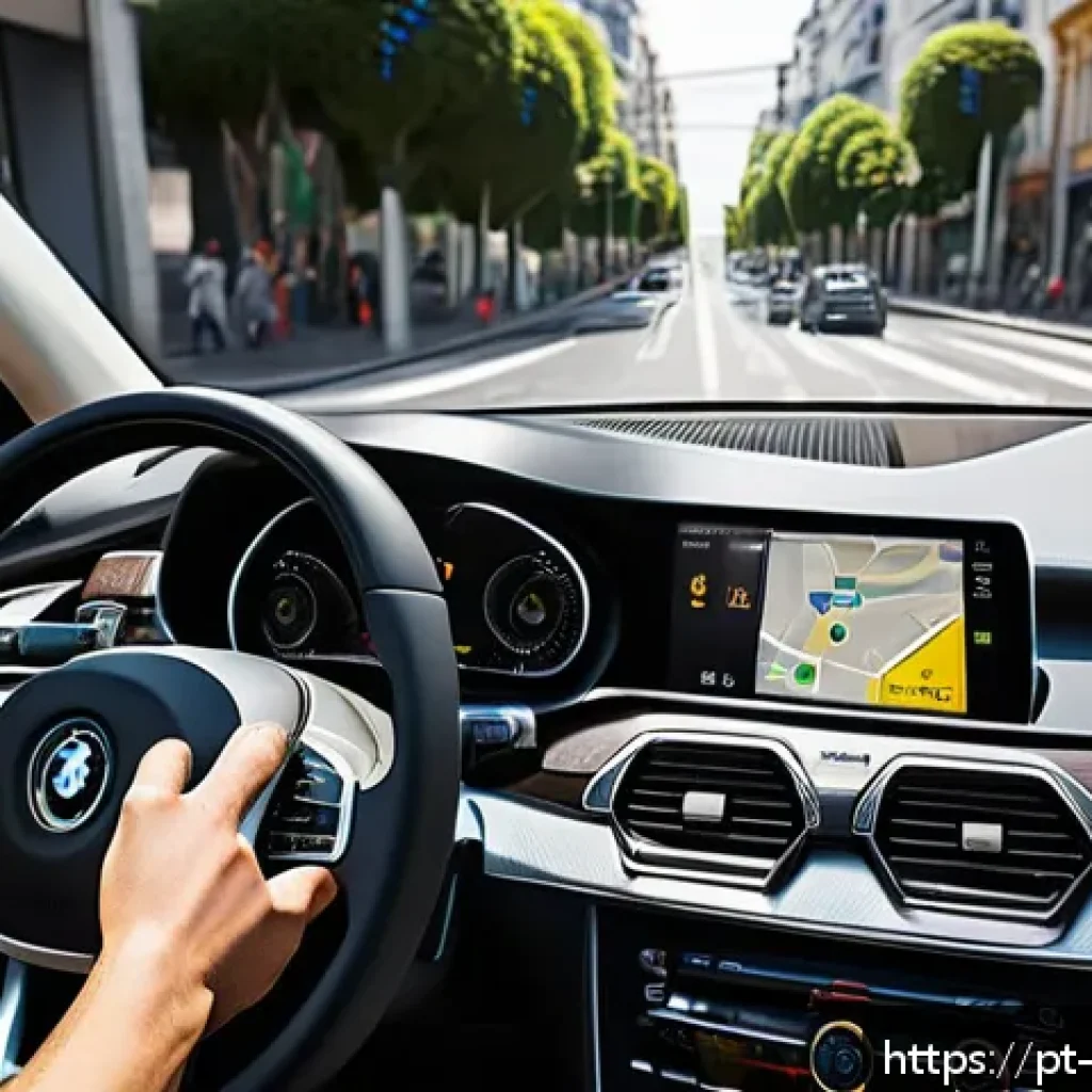 하이브리드차 연비 - A detailed, realistic urban scene featuring a modern hybrid car driving smoothly along a city street...