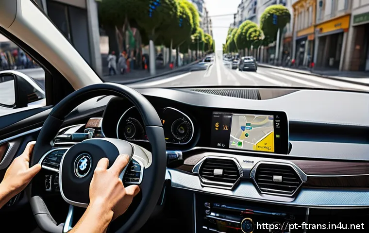 하이브리드차 연비 - A detailed, realistic urban scene featuring a modern hybrid car driving smoothly along a city street...