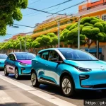 Home 21 친환경 자동차 - A modern Brazilian urban street scene featuring diverse electric and hybrid cars driving smoothly al...