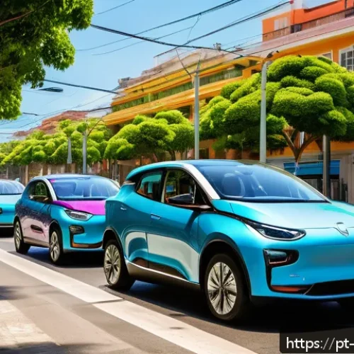 Home 33 친환경 자동차 - A modern Brazilian urban street scene featuring diverse electric and hybrid cars driving smoothly al...