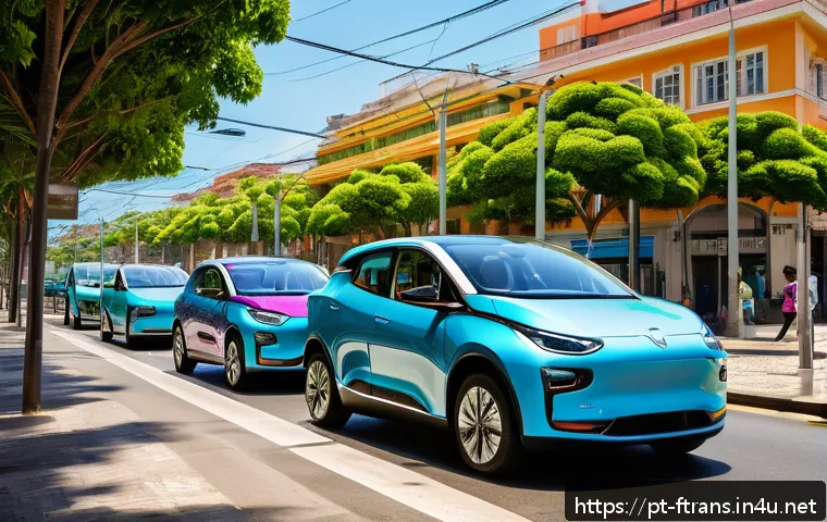 친환경 자동차 - A modern Brazilian urban street scene featuring diverse electric and hybrid cars driving smoothly al...