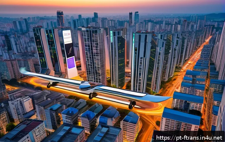 플라잉 택시 교통 시스템 - A futuristic urban skyline of S&atilde;o Paulo at dusk, featuring multiple electric vertical takeoff and la...