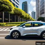 Home 18 전기차 주행거리 - A modern electric car driving smoothly on a sunlit urban street in São Paulo, Brazil, with a focus o...
