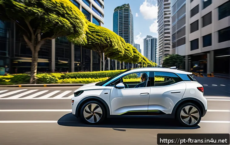 전기차 주행거리 - A modern electric car driving smoothly on a sunlit urban street in S&atilde;o Paulo, Brazil, with a focus o...