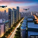 Home 23 도시 내 드론 배송 - A futuristic urban scene in São Paulo at dusk, featuring multiple sleek delivery drones flying above...