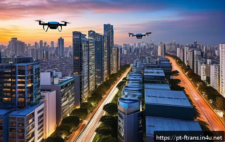 도시 내 드론 배송 - A futuristic urban scene in S&atilde;o Paulo at dusk, featuring multiple sleek delivery drones flying above...