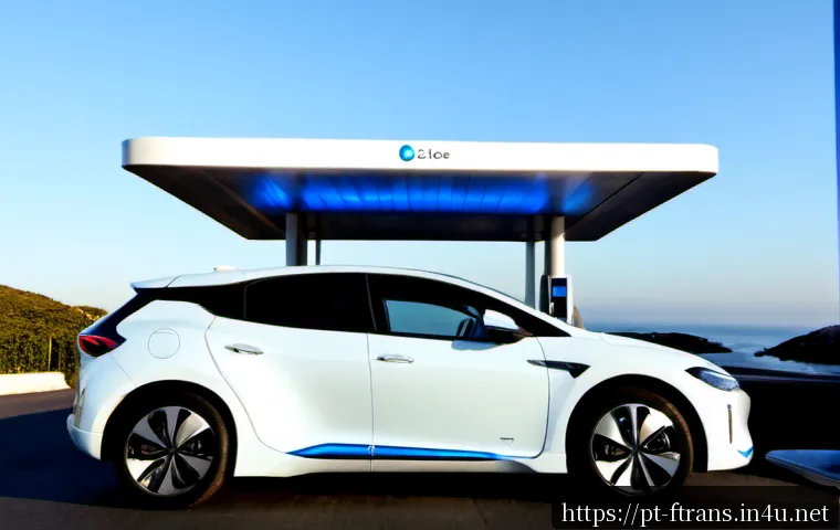 Home 17 수소차 배터리 - Photorealistic hydrogen fuel-cell car parked at a modern public refueling station in Lisbon, Portuga...