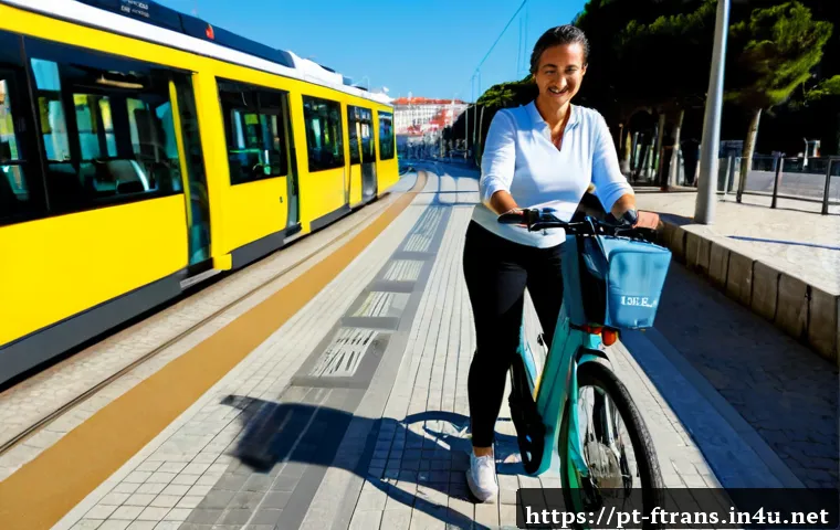 Home 17 모빌리티 서비스 사례 - Photorealistic urban mobility service scene in Lisbon, Portugal: a smiling middle-aged woman using a...