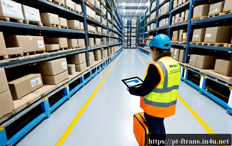 스마트 물류 산업 - Photorealistic smart logistics warehouse in Portugal, autonomous mobile robots carrying sealed parce...