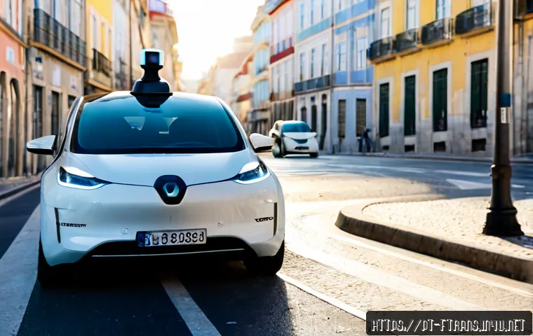 Home 17 자율주행차 규제 - Photorealistic autonomous electric car paused at a controlled urban intersection in Lisbon, Portugal...