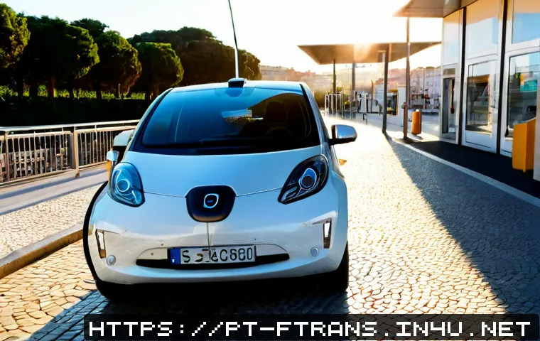 Home 30 자율주행차 충전소 - Photorealistic autonomous electric car charging at a modern public station in Lisbon, Portugal, clea...