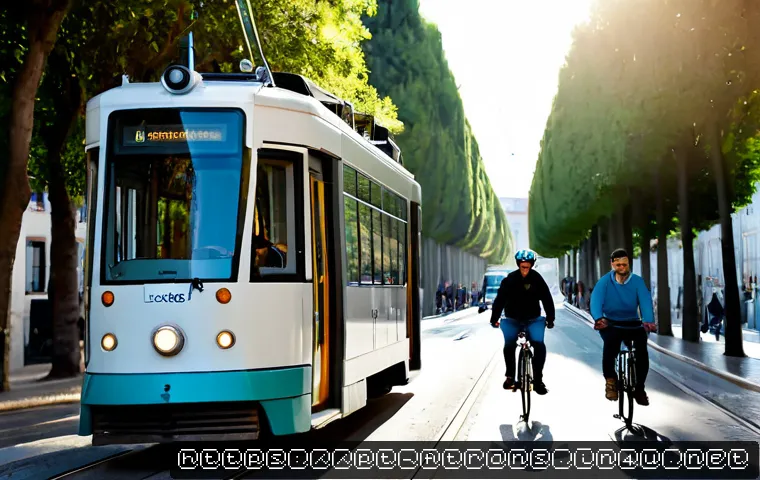 Home 17 지속 가능한 운송 - Photorealistic sustainable urban transport scene in Lisbon, Portugal: a modern electric tram gliding...