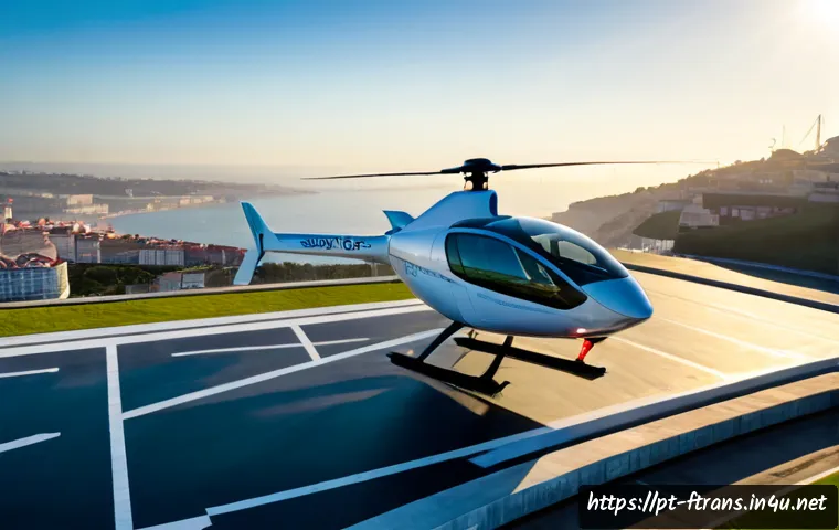 Home 17 플라잉 택시 기술 - Photorealistic electric flying taxi hovering above a modern waterfront helipad in Lisbon, Portugal, ...