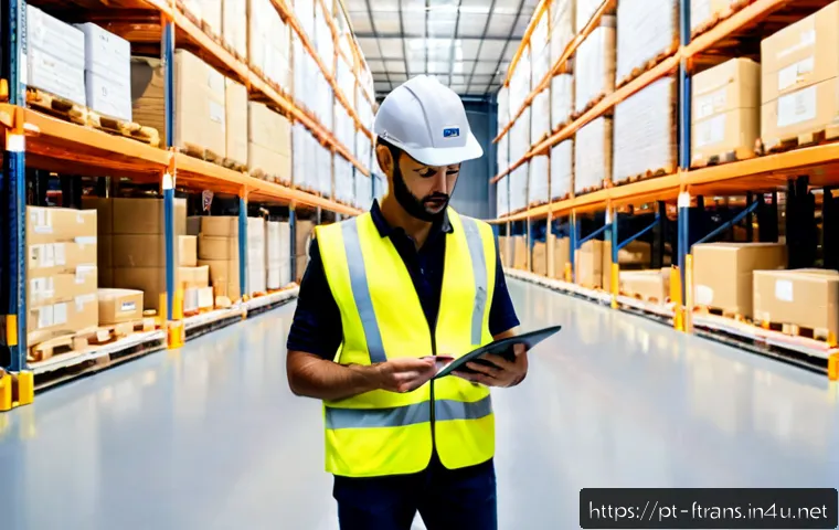 Home 17 스마트 물류 솔루션 - Photorealistic smart logistics warehouse in Portugal, wide eye-level composition of autonomous mobil...