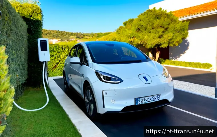 Home 17 전기차 환경효과 - Photorealistic electric car charging beside solar panels at a modern Portuguese suburban home, lush ...